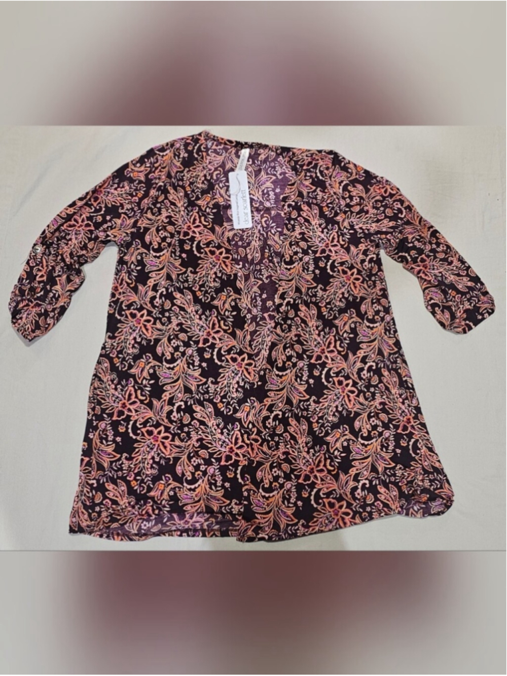 Dear Scarlett Dark Floral Tunic Cardigan with Pink & Orange Accents Womens Large